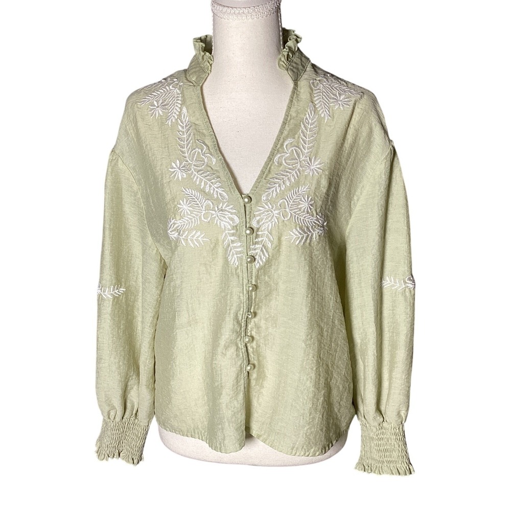 Boho Embroidered Women Blouse Size Small‎ Sage Green Button Front Top